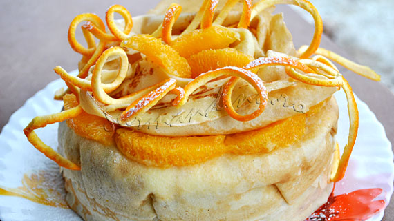 Tort din clatite cu crema de branza si portocale